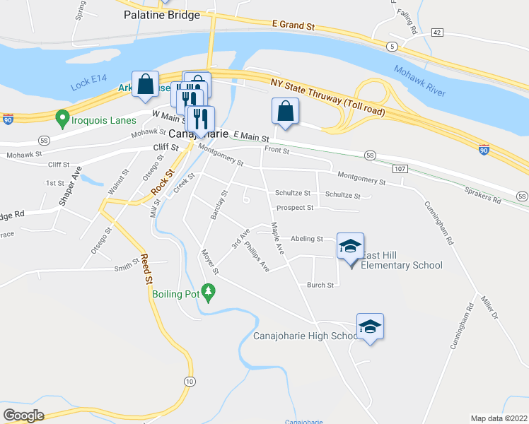 map of restaurants, bars, coffee shops, grocery stores, and more near 52 Maple Avenue in Canajoharie