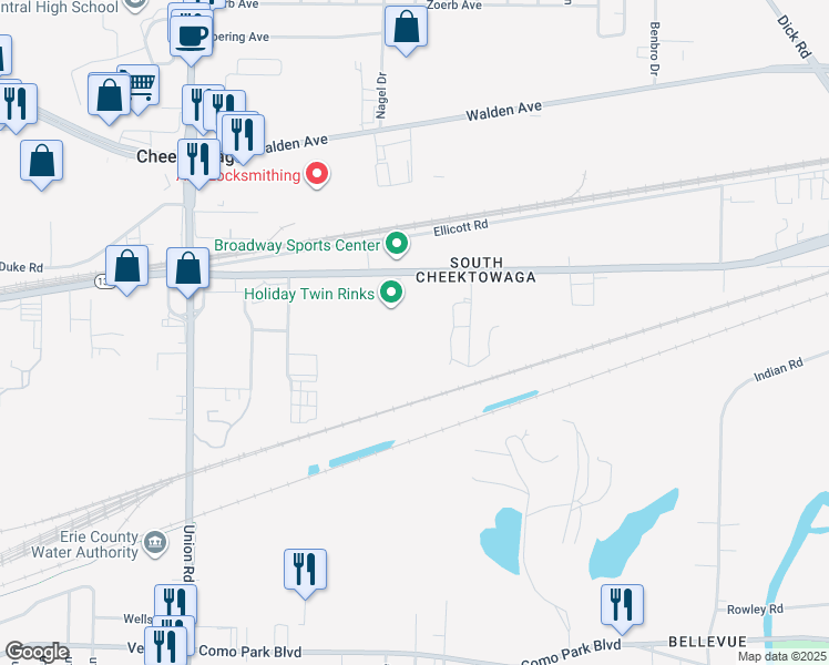 map of restaurants, bars, coffee shops, grocery stores, and more near 3497 Broadway in Buffalo