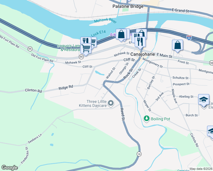 map of restaurants, bars, coffee shops, grocery stores, and more near 104 Otsego Street in Canajoharie