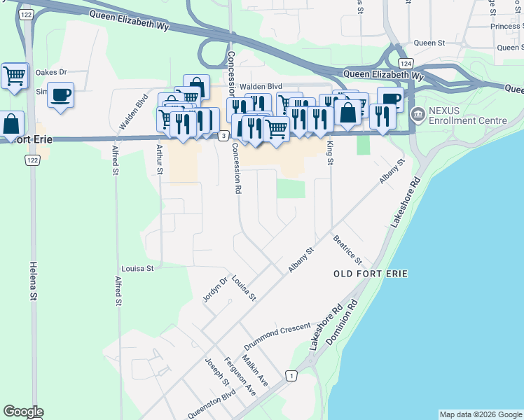 map of restaurants, bars, coffee shops, grocery stores, and more near 936 Colette Road in Fort Erie