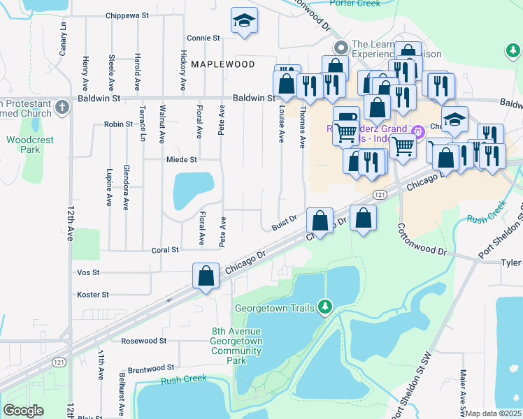 map of restaurants, bars, coffee shops, grocery stores, and more near 7336 Sandelwood Street in Georgetown Township