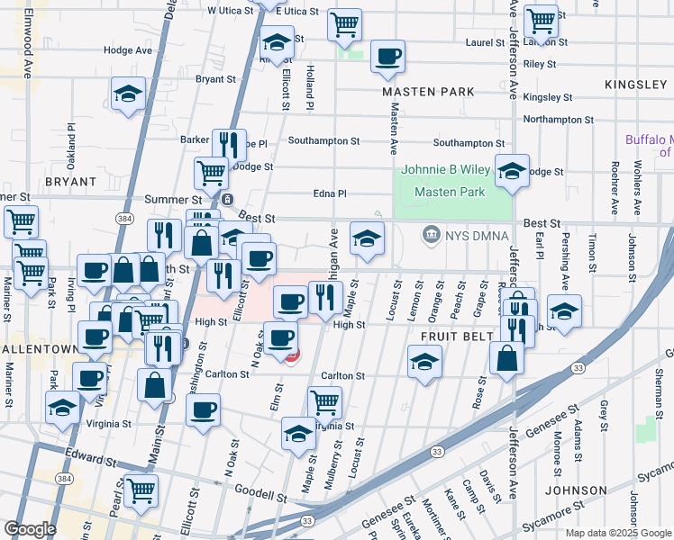 map of restaurants, bars, coffee shops, grocery stores, and more near 1049 Michigan Avenue in Buffalo