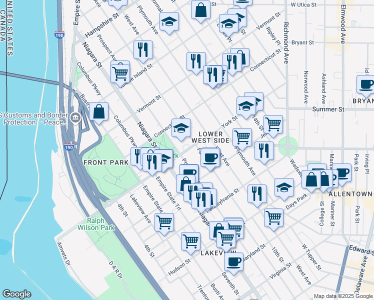 map of restaurants, bars, coffee shops, grocery stores, and more near 291 Porter Avenue in Buffalo