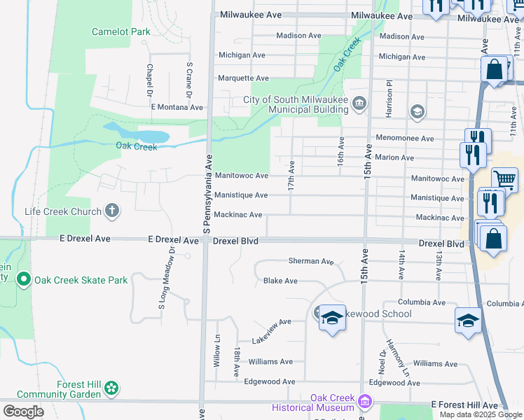 map of restaurants, bars, coffee shops, grocery stores, and more near 1735 Mackinac Avenue in South Milwaukee