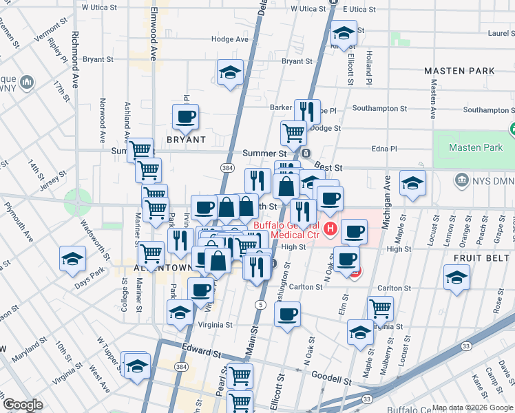 map of restaurants, bars, coffee shops, grocery stores, and more near 40 North Street in Buffalo
