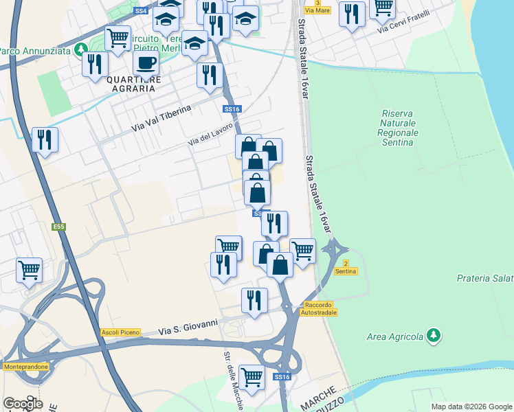 map of restaurants, bars, coffee shops, grocery stores, and more near 70 Via Pasubio in Provincia di Ascoli Piceno