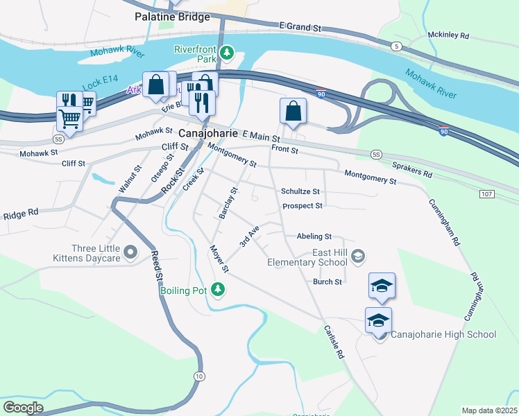 map of restaurants, bars, coffee shops, grocery stores, and more near 60 3rd Avenue in Canajoharie
