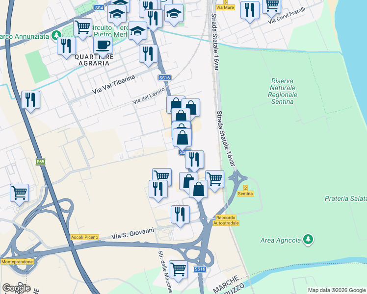 map of restaurants, bars, coffee shops, grocery stores, and more near 70 Via Pasubio in Province of Ascoli Piceno