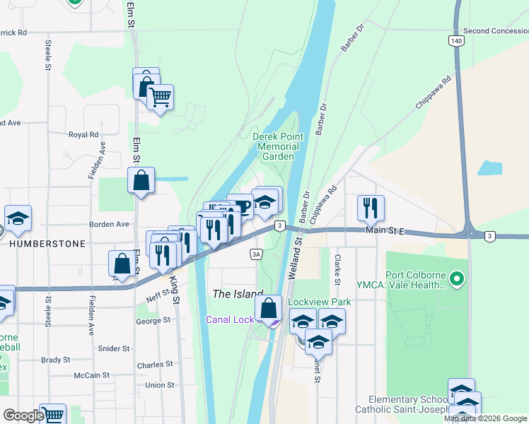 map of restaurants, bars, coffee shops, grocery stores, and more near in Port Colborne