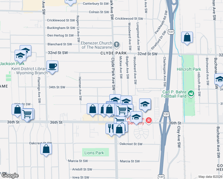 map of restaurants, bars, coffee shops, grocery stores, and more near 810 Bryant Street Southwest in Wyoming