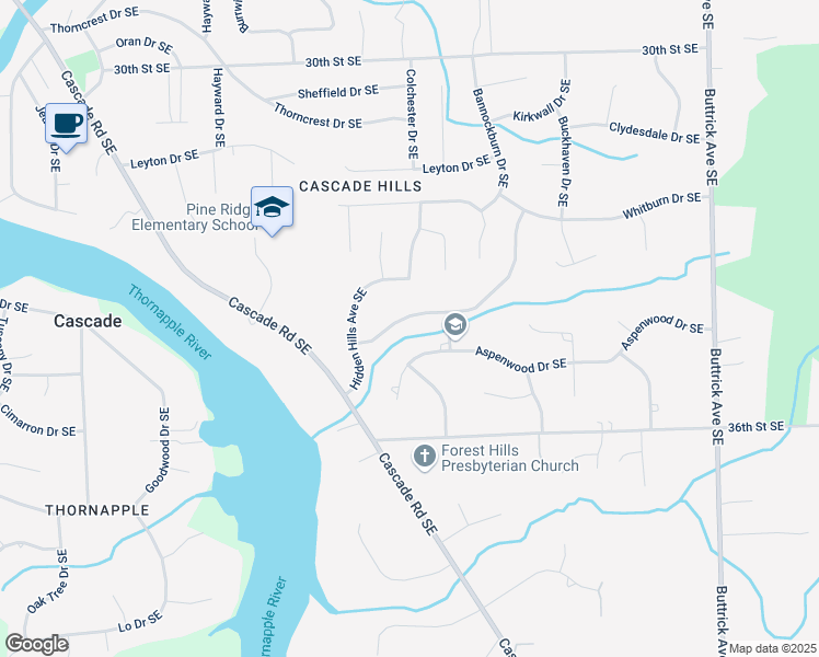 map of restaurants, bars, coffee shops, grocery stores, and more near 7525 Candlewood Drive Southeast in Grand Rapids