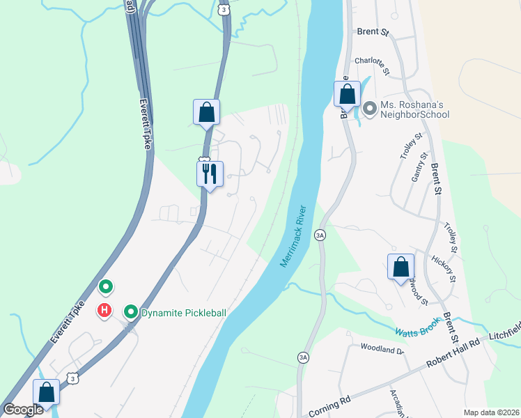 map of restaurants, bars, coffee shops, grocery stores, and more near 101 Middlesex Road in Merrimack