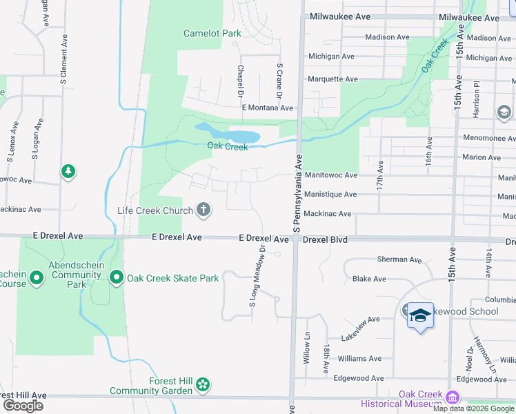 map of restaurants, bars, coffee shops, grocery stores, and more near 7798 South Drexel Ridge Way in Oak Creek