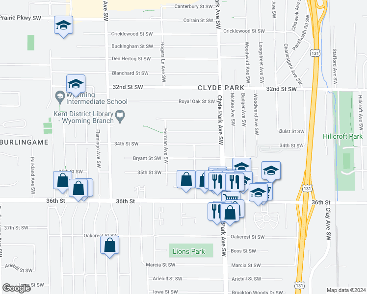 map of restaurants, bars, coffee shops, grocery stores, and more near 912 34th Street Southwest in Wyoming