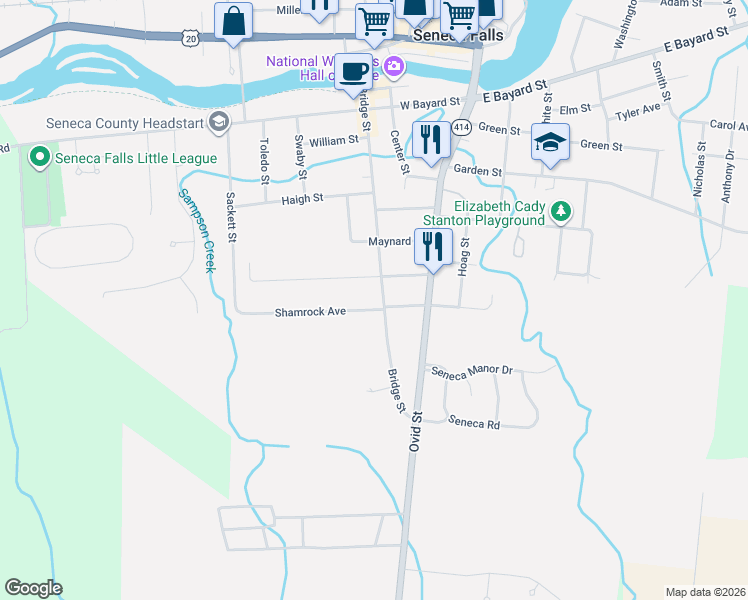 map of restaurants, bars, coffee shops, grocery stores, and more near 87 Bridge Street in Seneca Falls