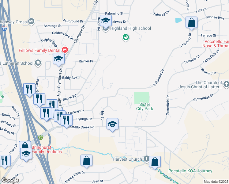 map of restaurants, bars, coffee shops, grocery stores, and more near 2075 South Fairway Drive in Pocatello