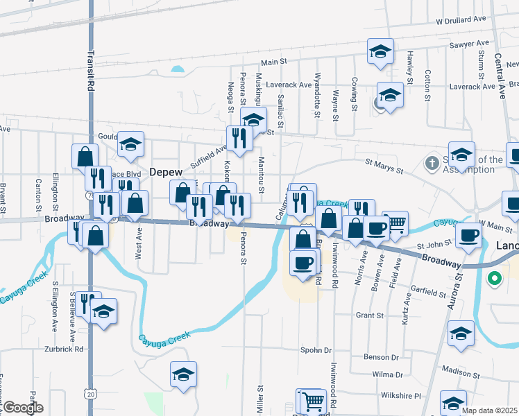 map of restaurants, bars, coffee shops, grocery stores, and more near 375 Penora Street in Depew
