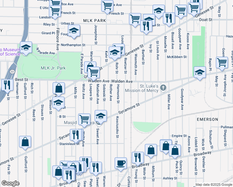 map of restaurants, bars, coffee shops, grocery stores, and more near 98 Harmonia Street in Buffalo