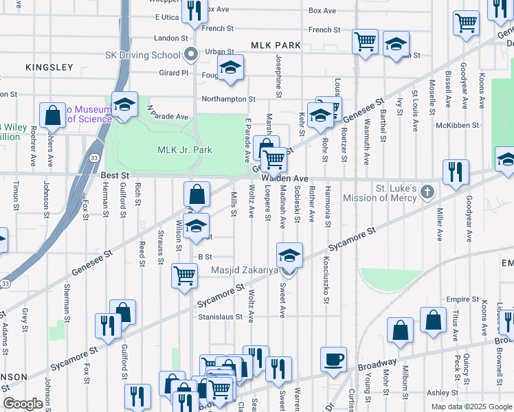 map of restaurants, bars, coffee shops, grocery stores, and more near 333 Woltz Avenue in Buffalo