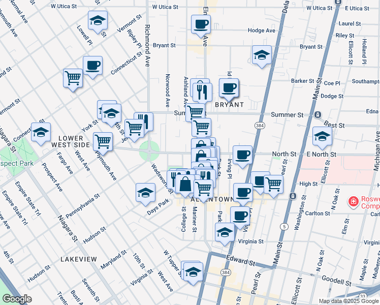 map of restaurants, bars, coffee shops, grocery stores, and more near 267 North Street in Buffalo