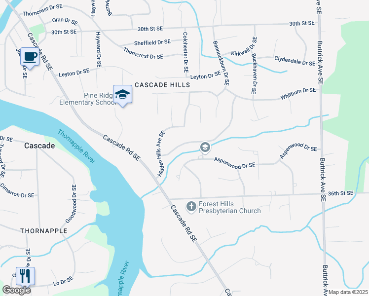 map of restaurants, bars, coffee shops, grocery stores, and more near 7525 Candlewood Drive Southeast in Grand Rapids