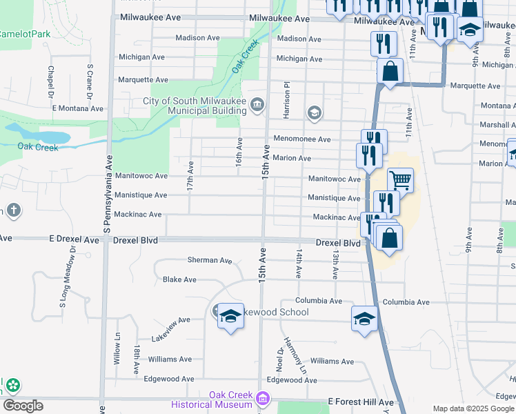 map of restaurants, bars, coffee shops, grocery stores, and more near 1508 Manistique Avenue in South Milwaukee