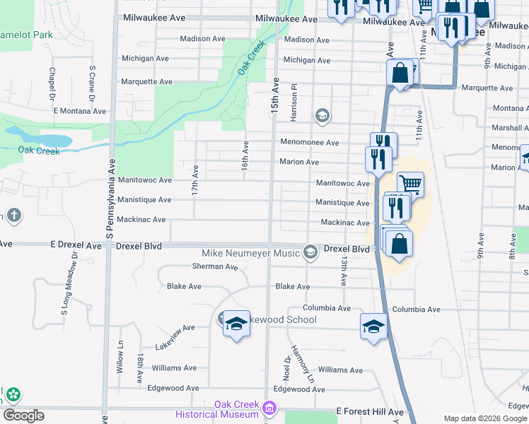 map of restaurants, bars, coffee shops, grocery stores, and more near 1508 Manistique Avenue in South Milwaukee