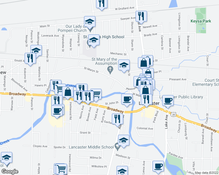 map of restaurants, bars, coffee shops, grocery stores, and more near 11 Pershing Avenue in Lancaster