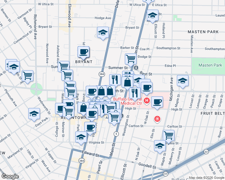 map of restaurants, bars, coffee shops, grocery stores, and more near 3 Linwood Ave in Buffalo
