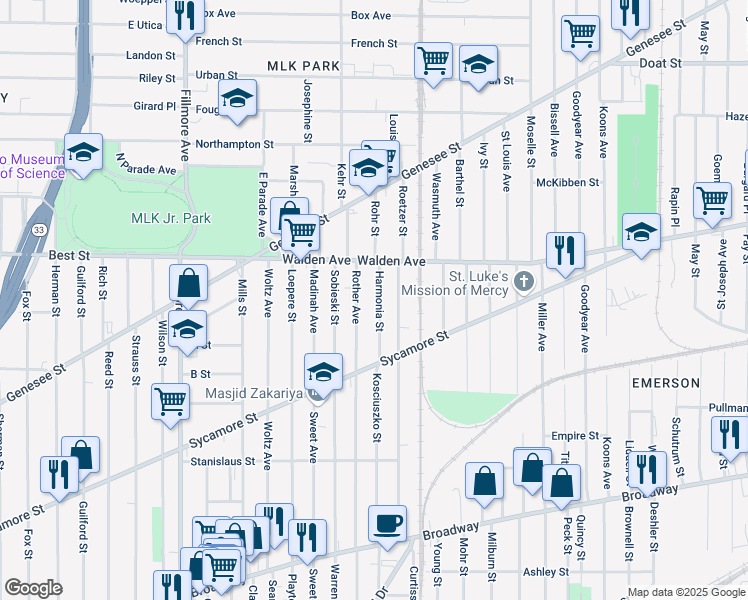 map of restaurants, bars, coffee shops, grocery stores, and more near 98 Harmonia Street in Buffalo