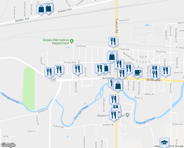map of restaurants, bars, coffee shops, grocery stores, and more near 222 River Street in Depew