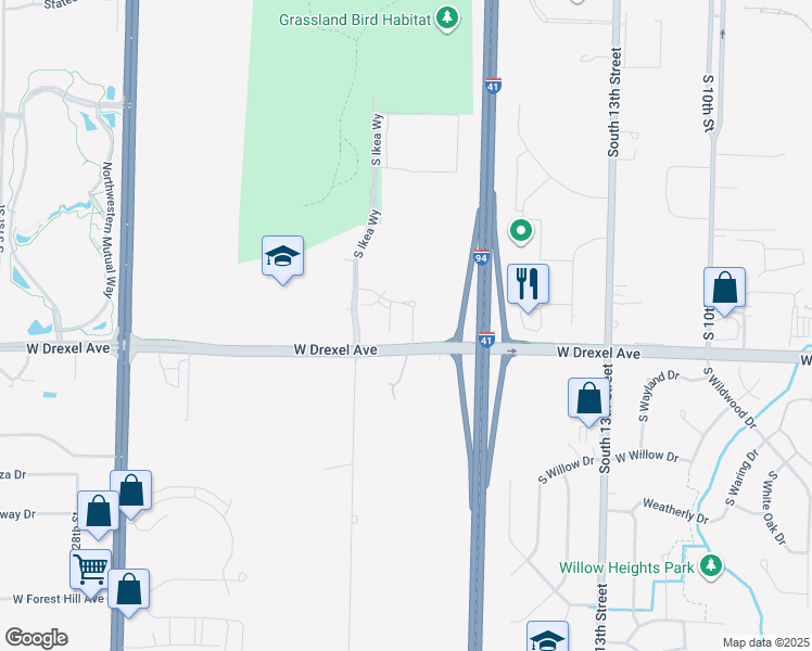 map of restaurants, bars, coffee shops, grocery stores, and more near 1820 West Drexel Avenue in Oak Creek