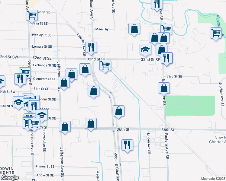 map of restaurants, bars, coffee shops, grocery stores, and more near 3400 Roger B Chaffee Memorial Boulevard Southeast in Grand Rapids