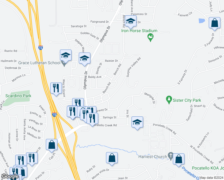 map of restaurants, bars, coffee shops, grocery stores, and more near 1560 Bench Road in Pocatello