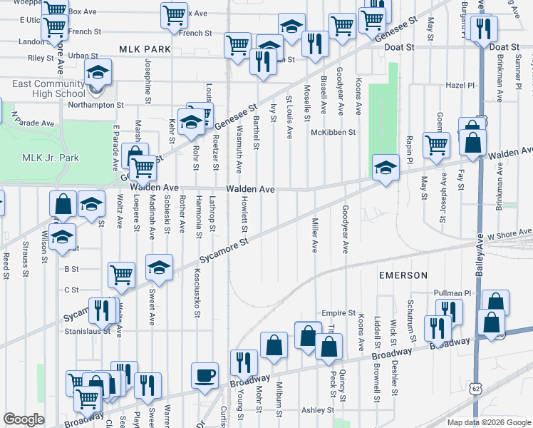 map of restaurants, bars, coffee shops, grocery stores, and more near 132 Ruhland Avenue in Buffalo