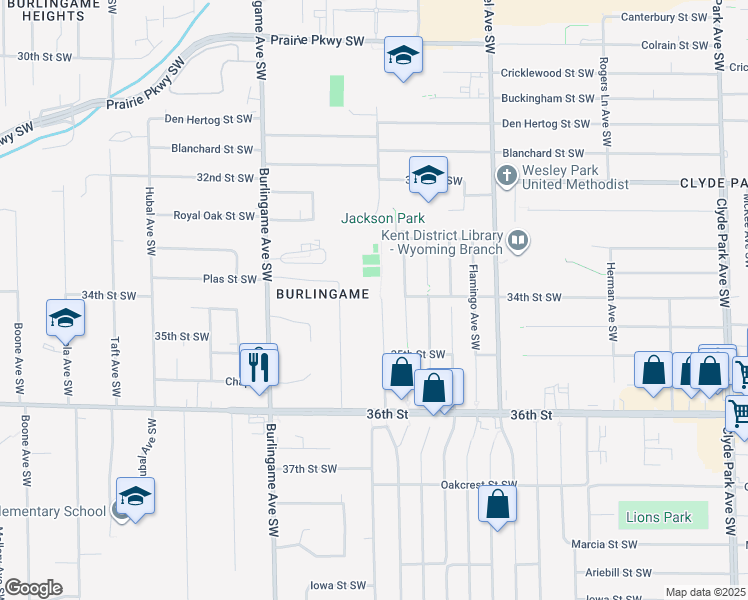 map of restaurants, bars, coffee shops, grocery stores, and more near 3354 Parkland Avenue Southwest in Wyoming
