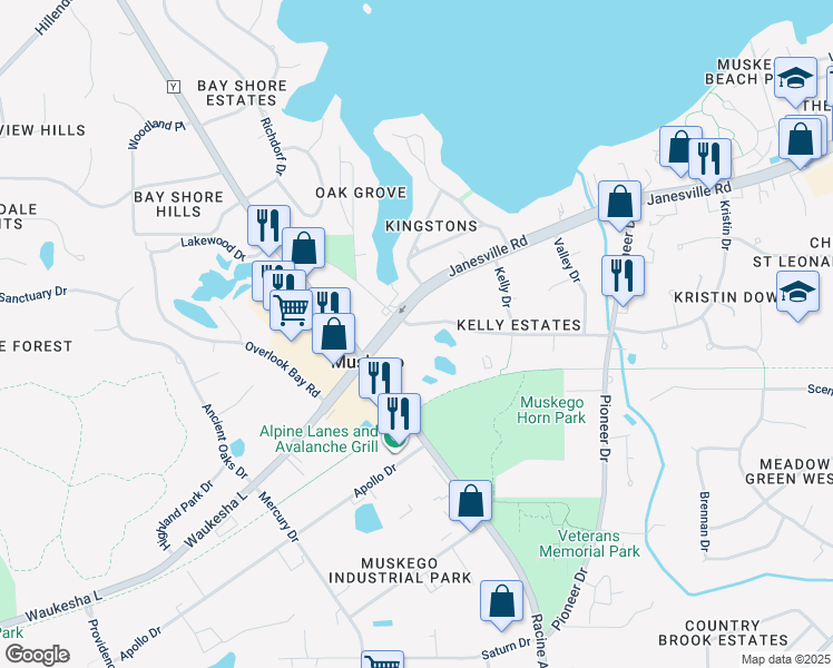 map of restaurants, bars, coffee shops, grocery stores, and more near S78W18648 Lions Park Drive in Muskego