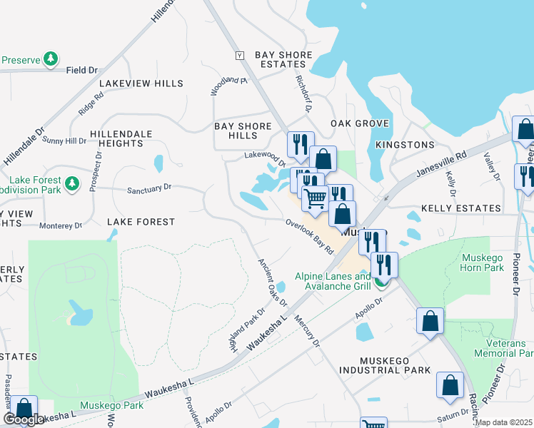 map of restaurants, bars, coffee shops, grocery stores, and more near 19250 Overlook Bay Road in Muskego