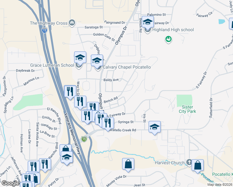 map of restaurants, bars, coffee shops, grocery stores, and more near 1535 Bench Road in Pocatello