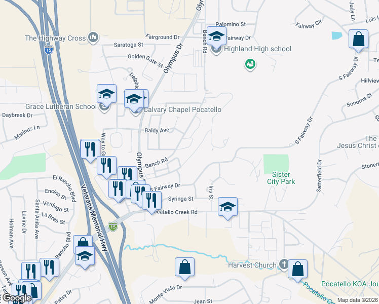 map of restaurants, bars, coffee shops, grocery stores, and more near 1518 Bench Road in Pocatello