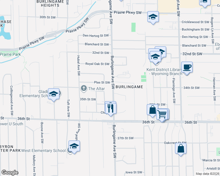 map of restaurants, bars, coffee shops, grocery stores, and more near 1612 Plas Street Southwest in Wyoming
