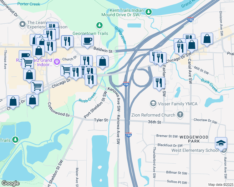 map of restaurants, bars, coffee shops, grocery stores, and more near 3890 Kenowa Avenue Southwest in Grandville