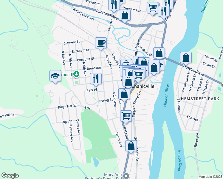 map of restaurants, bars, coffee shops, grocery stores, and more near 415 Park Avenue in Mechanicville