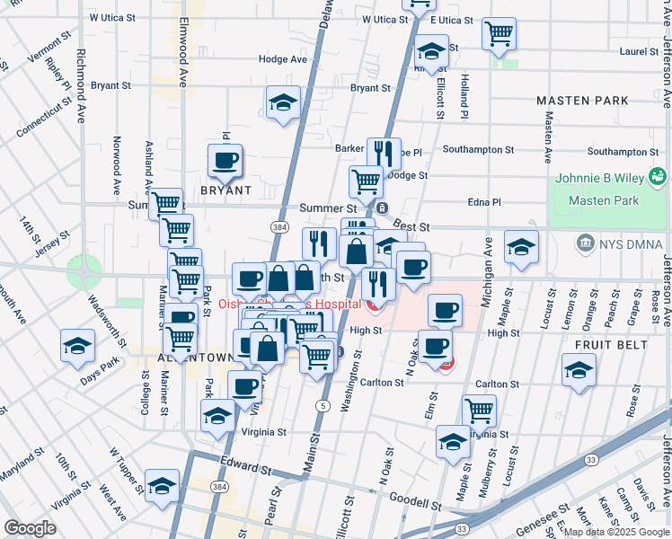 map of restaurants, bars, coffee shops, grocery stores, and more near 25 Linwood Avenue in Buffalo