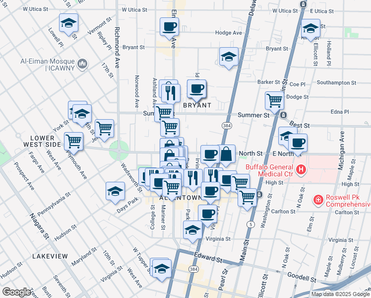 map of restaurants, bars, coffee shops, grocery stores, and more near 165 North Street in Buffalo