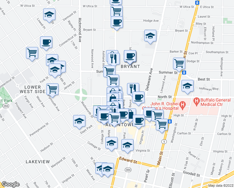 map of restaurants, bars, coffee shops, grocery stores, and more near 220 Elmwood Avenue in Buffalo