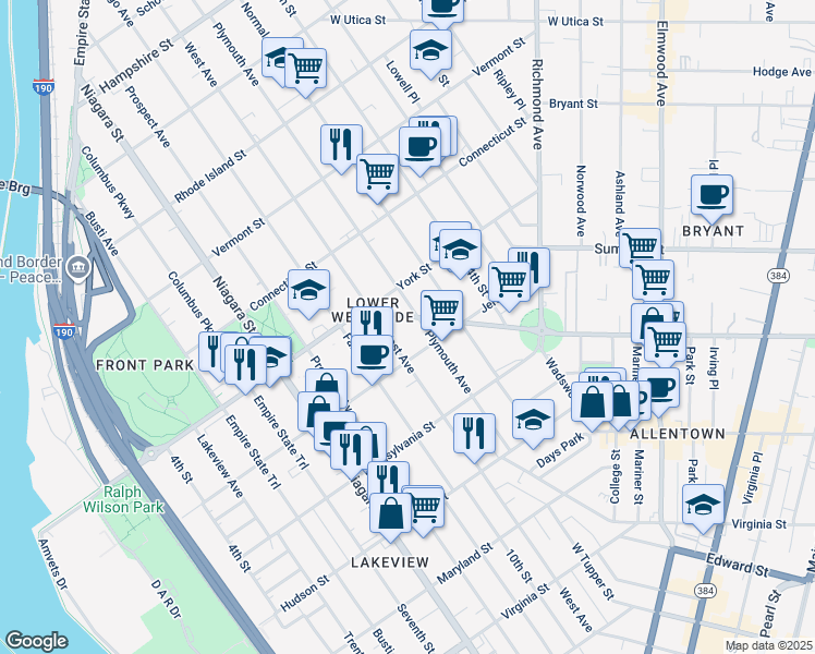 map of restaurants, bars, coffee shops, grocery stores, and more near 432 Porter Avenue in Buffalo