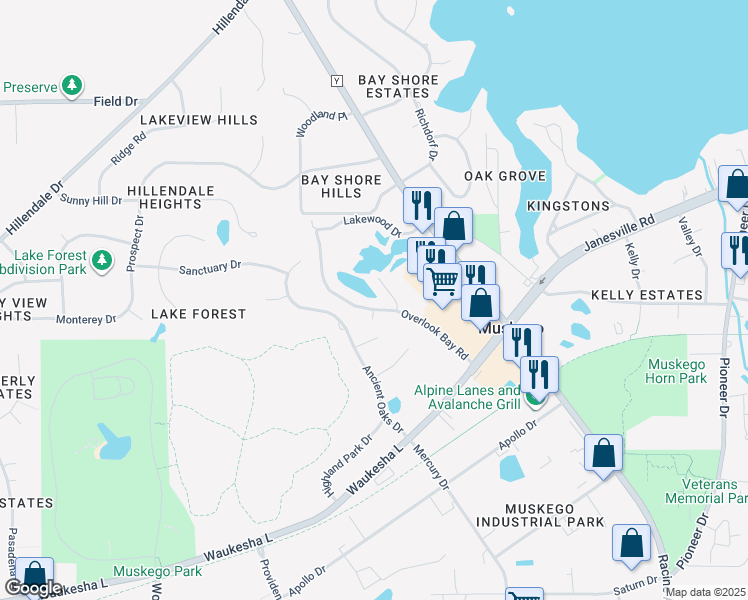 map of restaurants, bars, coffee shops, grocery stores, and more near 19250 Overlook Bay Road in Muskego
