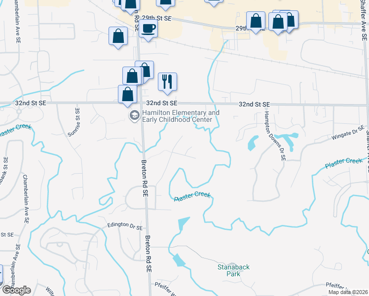 map of restaurants, bars, coffee shops, grocery stores, and more near 3319 Breton Creek Court Southeast in Kentwood