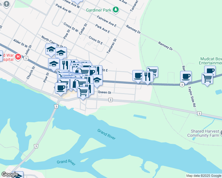 map of restaurants, bars, coffee shops, grocery stores, and more near 431 Queen Street in Haldimand County
